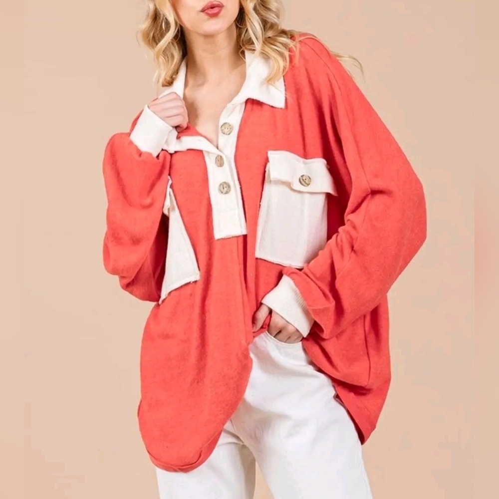Ces Femme Coral Cream Colorblock Henley Long Sleeve Top‎ NWOT